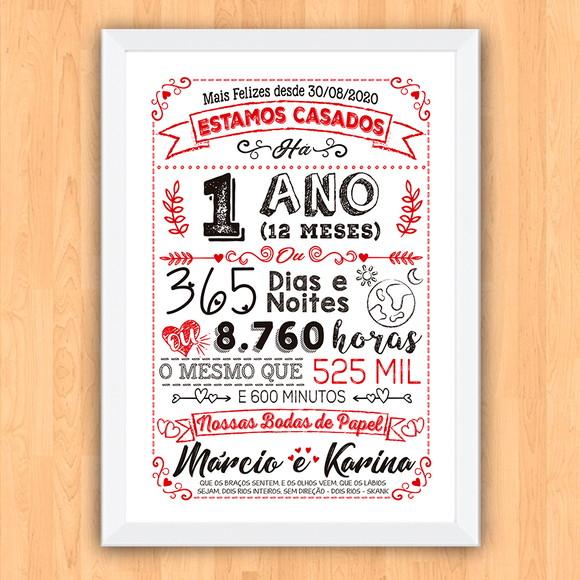 Quadro Poster Chalkboard Bodas 1 Ano Papel A3 30x42cm