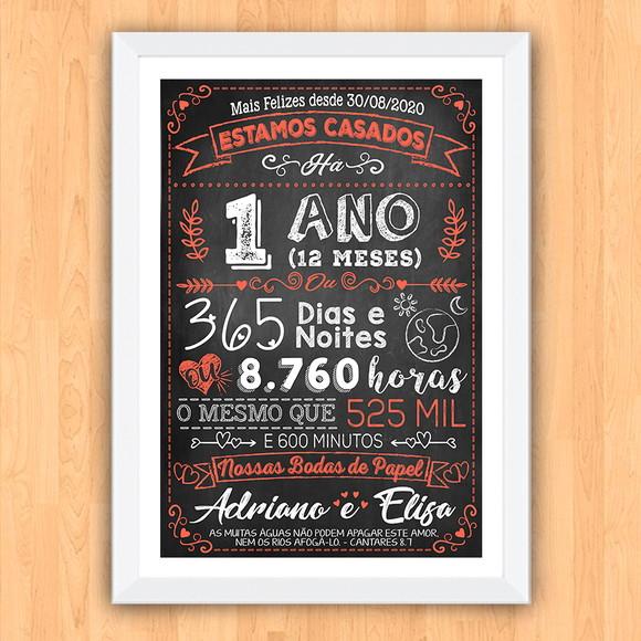 Quadro Poster Chalkboard Bodas 1 Ano Papel A3 30x42cm
