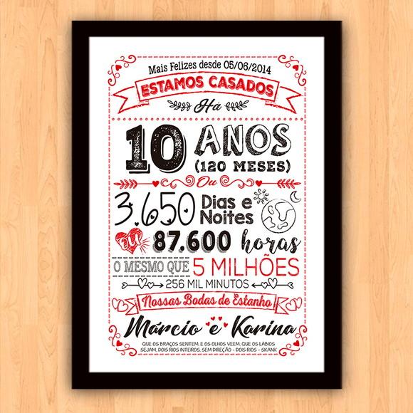 Quadro Poster Chalkboard Bodas 10 Anos Estanho A3 30x42cm