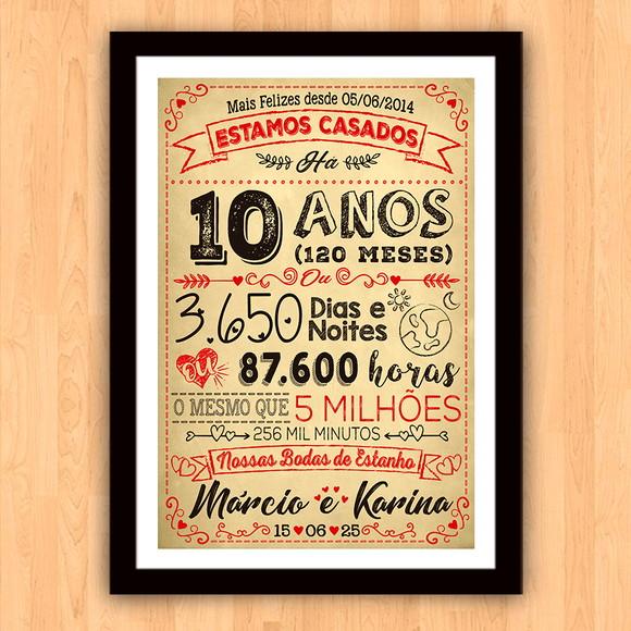 Quadro Poster Chalkboard Bodas 10 Anos Estanho A3 30x42cm