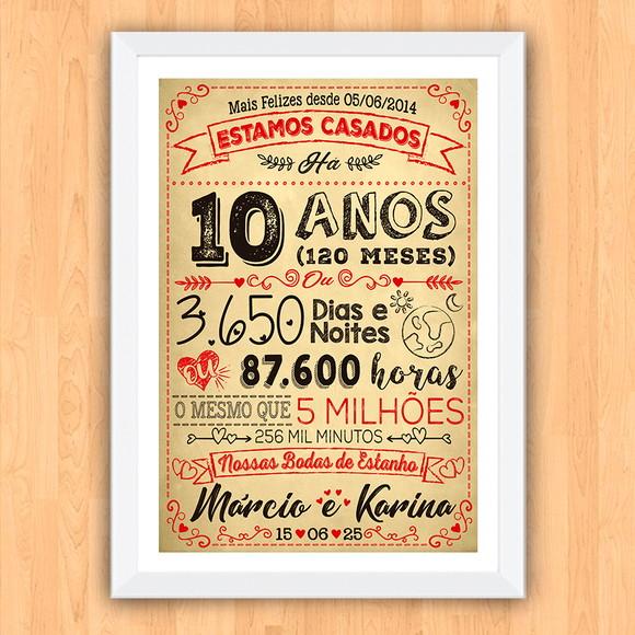 Quadro Poster Chalkboard Bodas 10 Anos Estanho A3 30x42cm