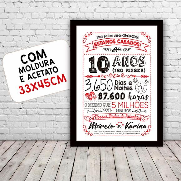 Quadro Poster Chalkboard Bodas 10 Anos Estanho A3 30x42cm