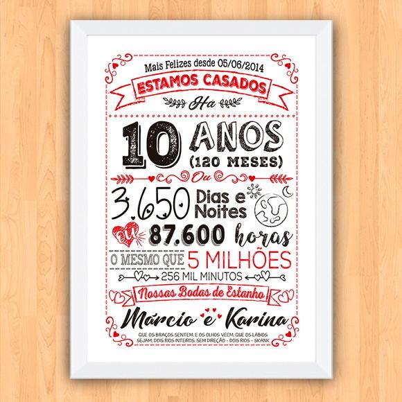 Quadro Poster Chalkboard Bodas 10 Anos Estanho A3 30x42cm
