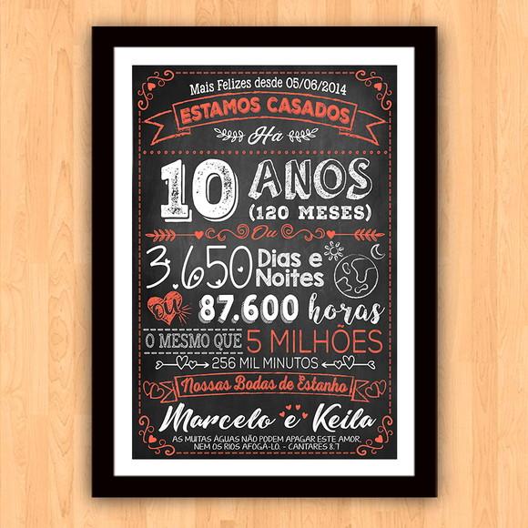 Quadro Poster Chalkboard Bodas 10 Anos Estanho A3 30x42cm