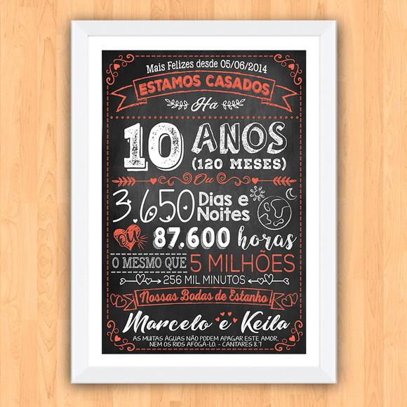 Quadro Poster Chalkboard Bodas 10 Anos Estanho A3 30x42cm
