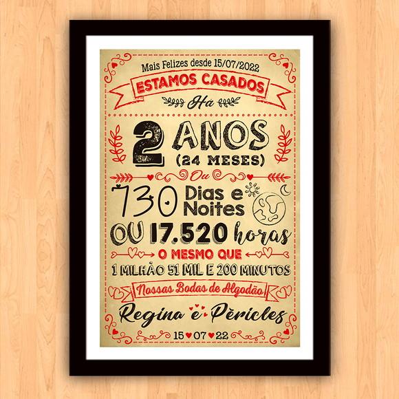 Quadro Poster Chalkboard Bodas 2 Anos Algodão A3 30x42cm