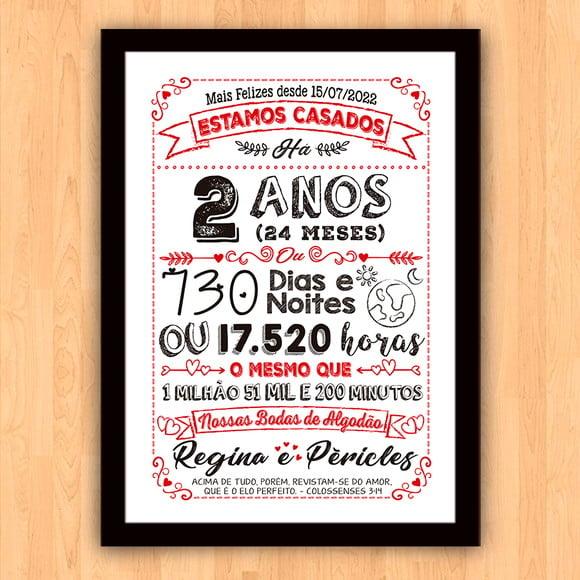 Quadro Poster Chalkboard Bodas 2 Anos Algodão A3 30x42cm
