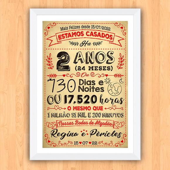 Quadro Poster Chalkboard Bodas 2 Anos Algodão A3 30x42cm
