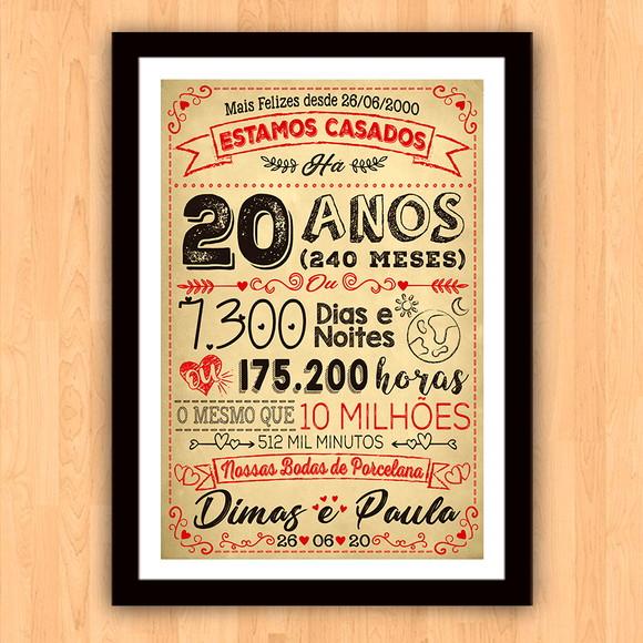 Quadro Poster Chalkboard Bodas 20 Anos Porcelana A3 30x42cm