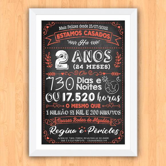 Quadro Poster Chalkboard Bodas 2 Anos Algodão A3 30x42cm