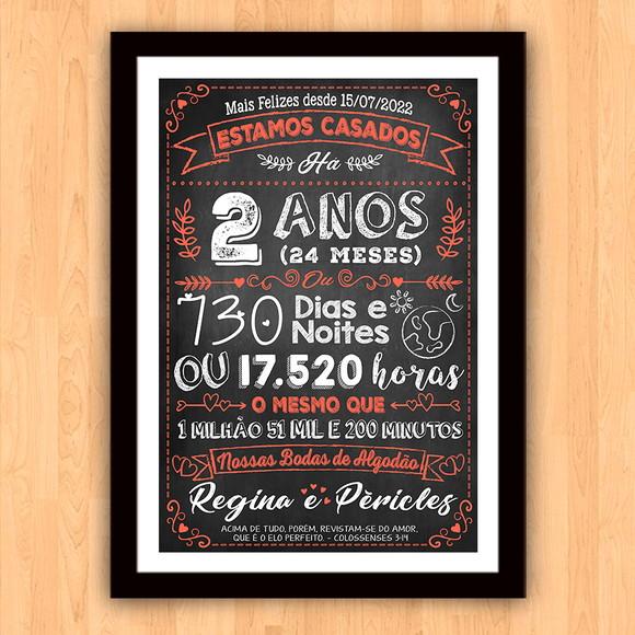 Quadro Poster Chalkboard Bodas 2 Anos Algodão A3 30x42cm