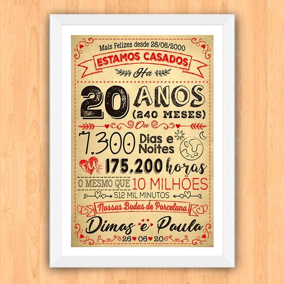 Quadro Poster Chalkboard Bodas 20 Anos Porcelana A3 30x42cm