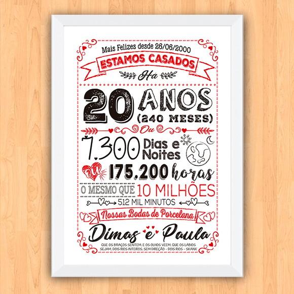 Quadro Poster Chalkboard Bodas 20 Anos Porcelana A3 30x42cm