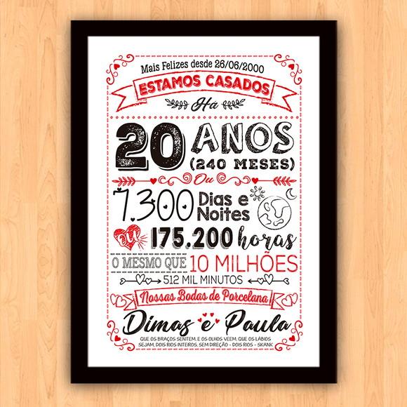 Quadro Poster Chalkboard Bodas 20 Anos Porcelana A3 30x42cm