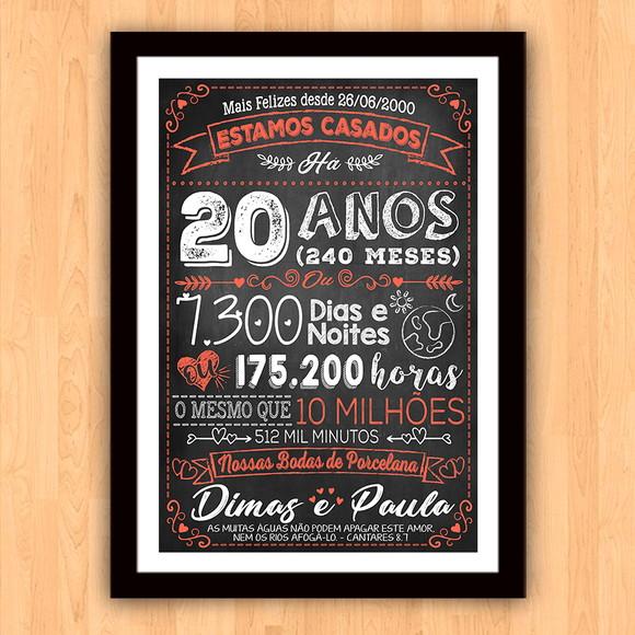 Quadro Poster Chalkboard Bodas 20 Anos Porcelana A3 30x42cm