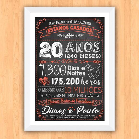 Quadro Poster Chalkboard Bodas 20 Anos Porcelana A3 30x42cm