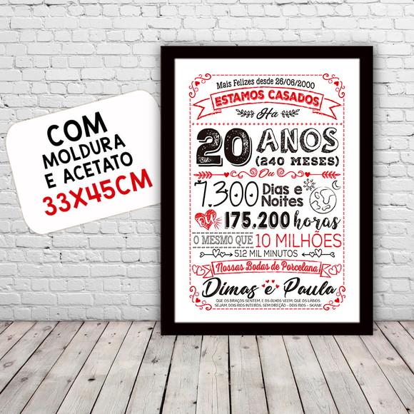 Quadro Poster Chalkboard Bodas 20 Anos Porcelana A3 30x42cm