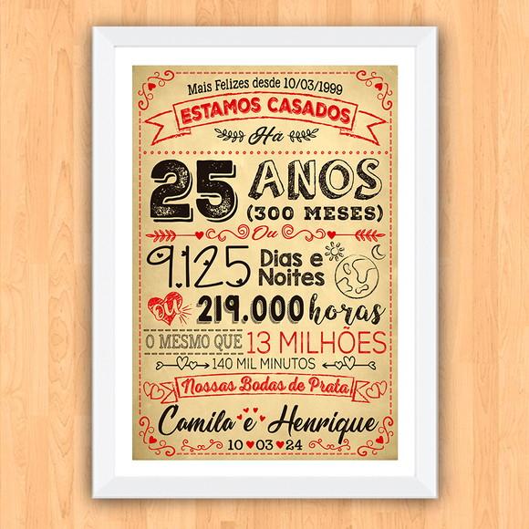 Quadro Poster Chalkboard Bodas 25 Anos Prata A3 30x42cm