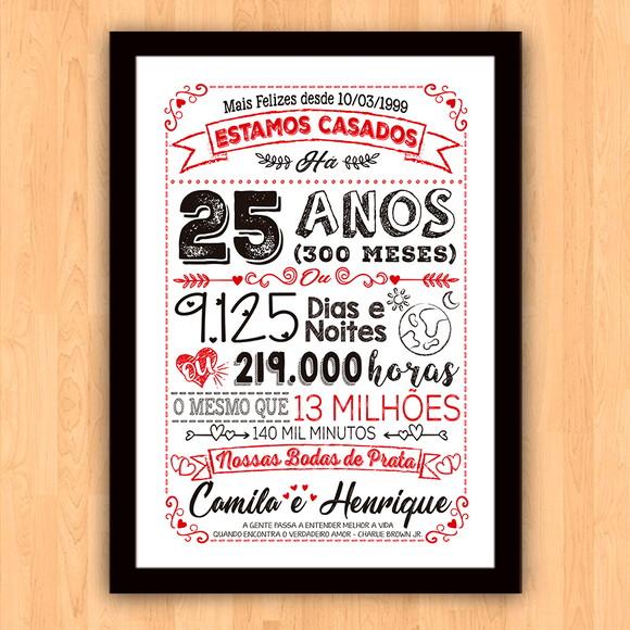 Quadro Poster Chalkboard Bodas 25 Anos Prata A3 30x42cm