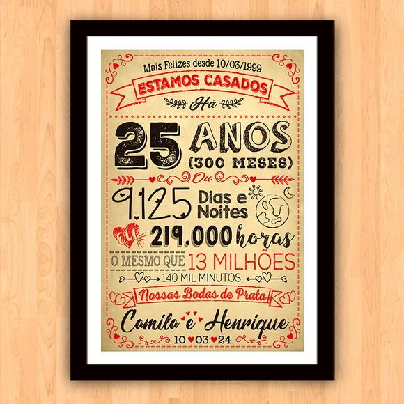 Quadro Poster Chalkboard Bodas 25 Anos Prata A3 30x42cm