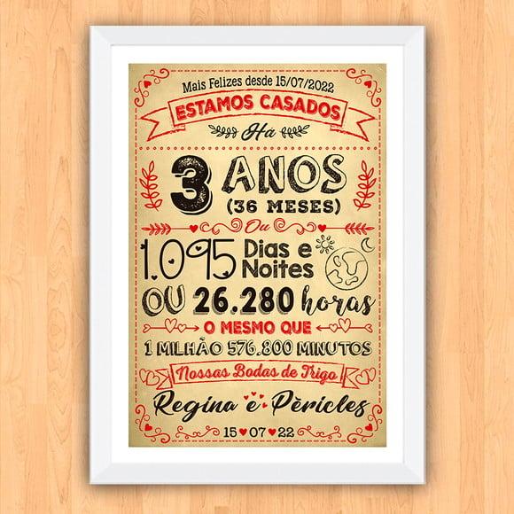 Quadro Poster Chalkboard Bodas 3 Anos Trigo A3 30x42cm