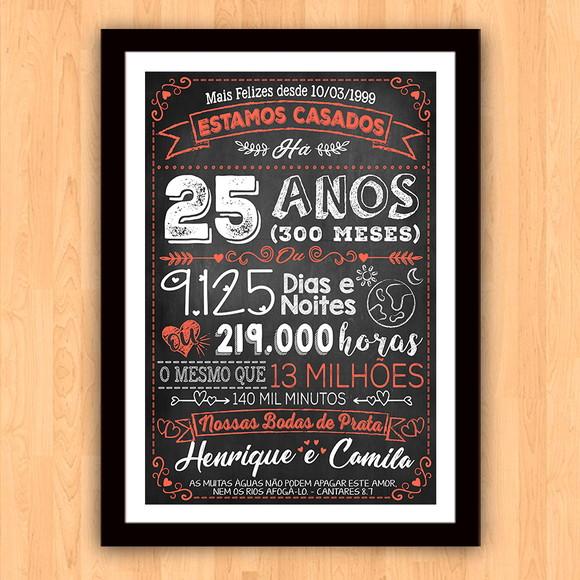Quadro Poster Chalkboard Bodas 25 Anos Prata A3 30x42cm