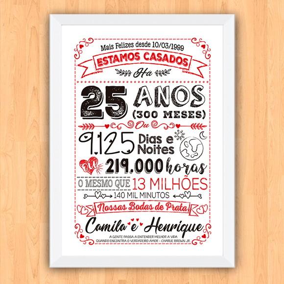 Quadro Poster Chalkboard Bodas 25 Anos Prata A3 30x42cm
