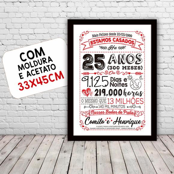 Quadro Poster Chalkboard Bodas 25 Anos Prata A3 30x42cm