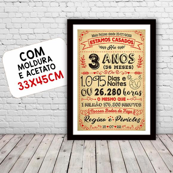 Quadro Poster Chalkboard Bodas 3 Anos Trigo A3 30x42cm