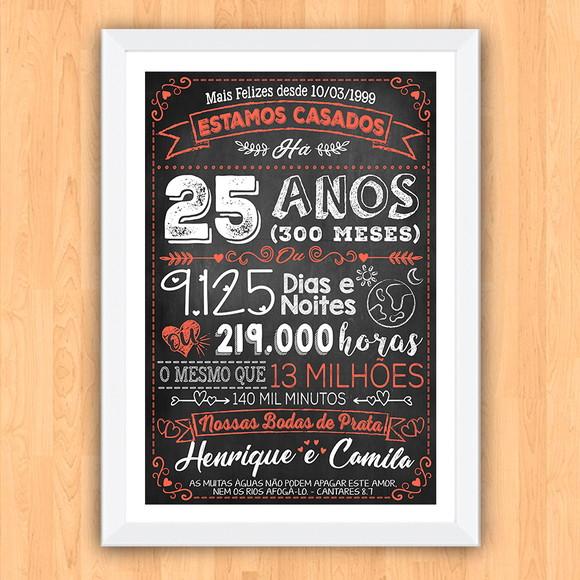 Quadro Poster Chalkboard Bodas 25 Anos Prata A3 30x42cm