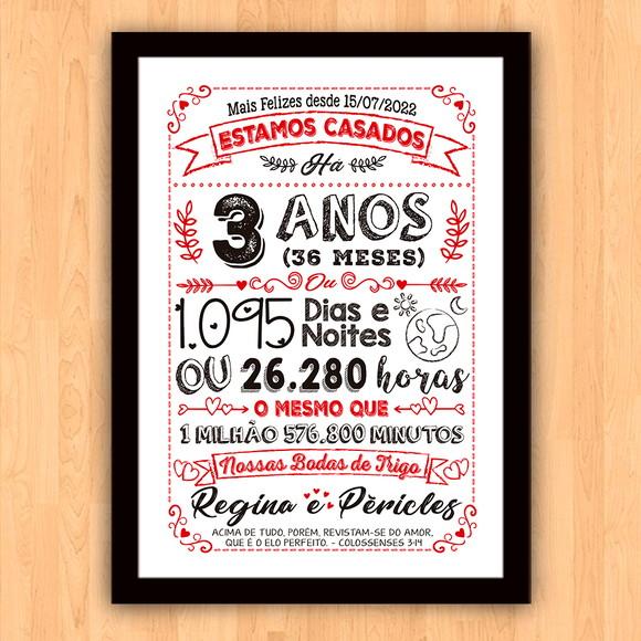 Quadro Poster Chalkboard Bodas 3 Anos Trigo A3 30x42cm