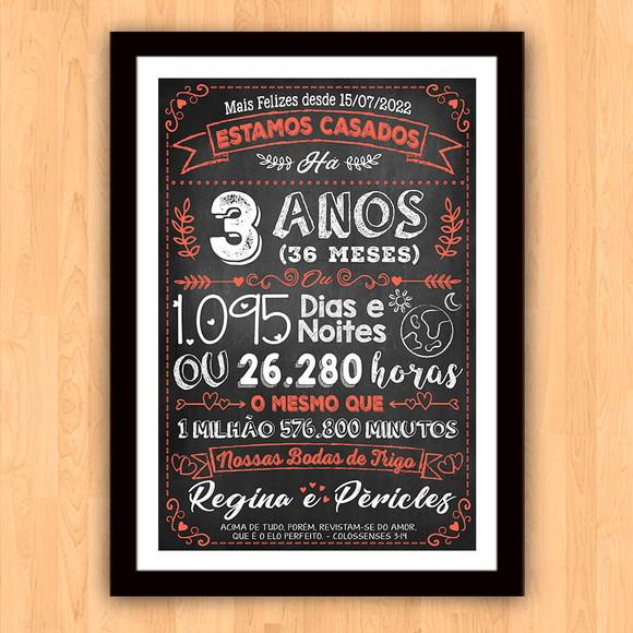 Quadro Poster Chalkboard Bodas 3 Anos Trigo A3 30x42cm