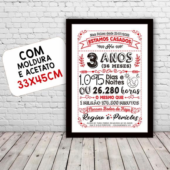 Quadro Poster Chalkboard Bodas 3 Anos Trigo A3 30x42cm