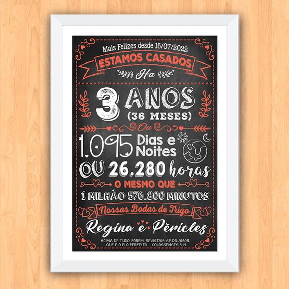 Quadro Poster Chalkboard Bodas 3 Anos Trigo A3 30x42cm