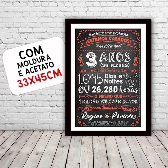 Quadro Poster Chalkboard Bodas 3 Anos Trigo A3 30x42cm