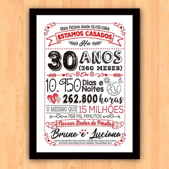 Quadro Poster Chalkboard Bodas 30 Anos Pérola A3 30x42cm