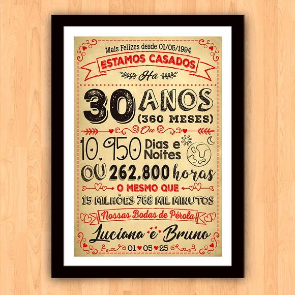 Quadro Poster Chalkboard Bodas 30 Anos Pérola A3 30x42cm