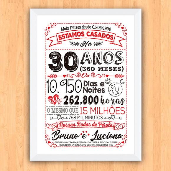 Quadro Poster Chalkboard Bodas 30 Anos Pérola A3 30x42cm
