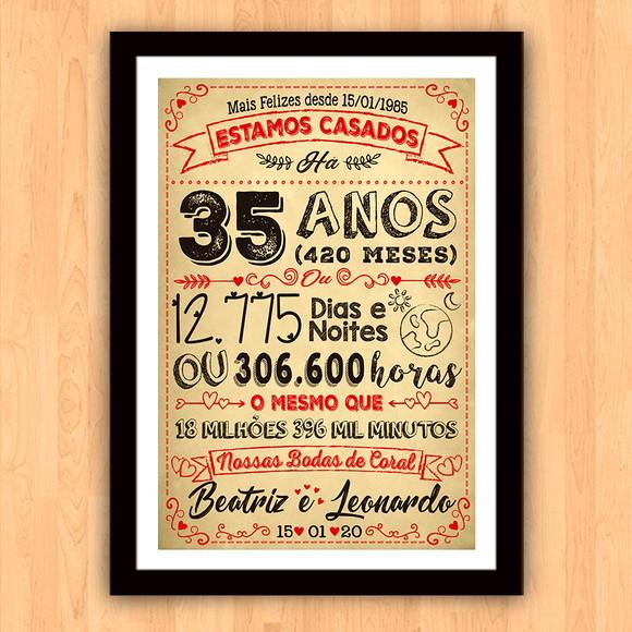 Quadro Poster Chalkboard Bodas 35 Anos Coral A3 30x42cm