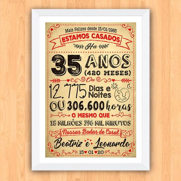 Quadro Poster Chalkboard Bodas 35 Anos Coral A3 30x42cm