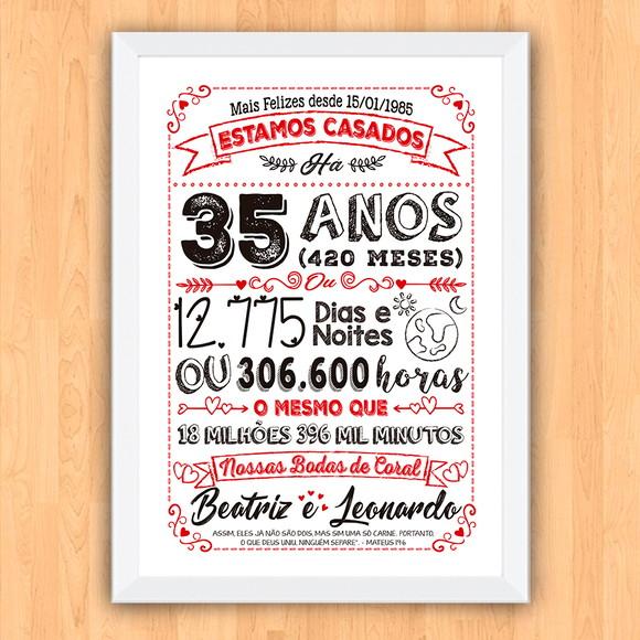 Quadro Poster Chalkboard Bodas 35 Anos Coral A3 30x42cm