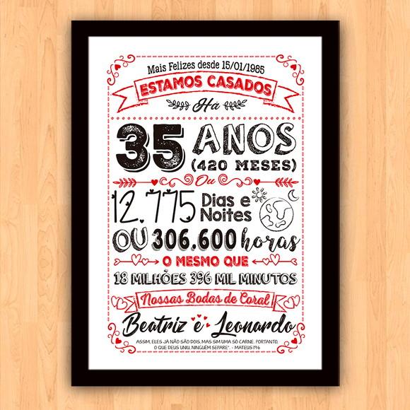 Quadro Poster Chalkboard Bodas 35 Anos Coral A3 30x42cm