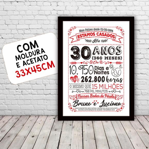 Quadro Poster Chalkboard Bodas 30 Anos Pérola A3 30x42cm