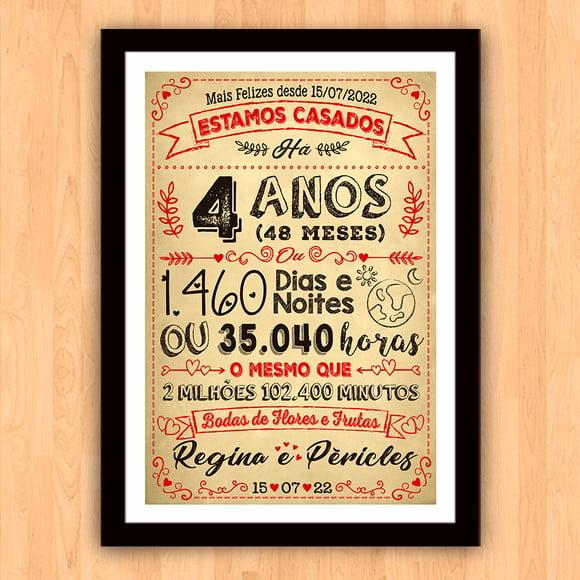 Quadro Poster Chalkboard Bodas 4 Anos Flores A3 30x42cm