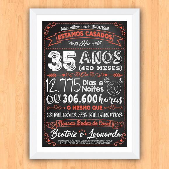 Quadro Poster Chalkboard Bodas 35 Anos Coral A3 30x42cm