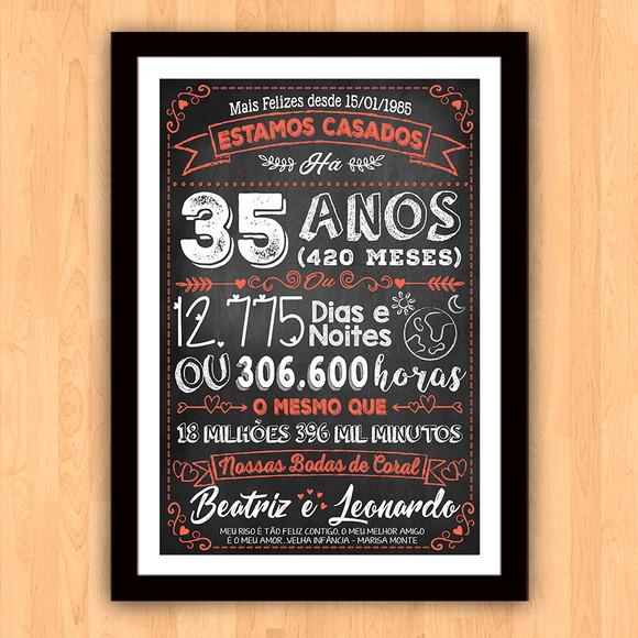 Quadro Poster Chalkboard Bodas 35 Anos Coral A3 30x42cm