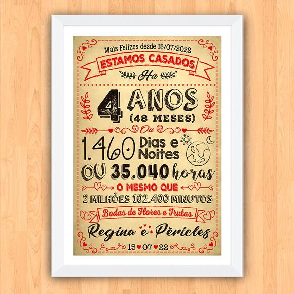 Quadro Poster Chalkboard Bodas 4 Anos Flores A3 30x42cm