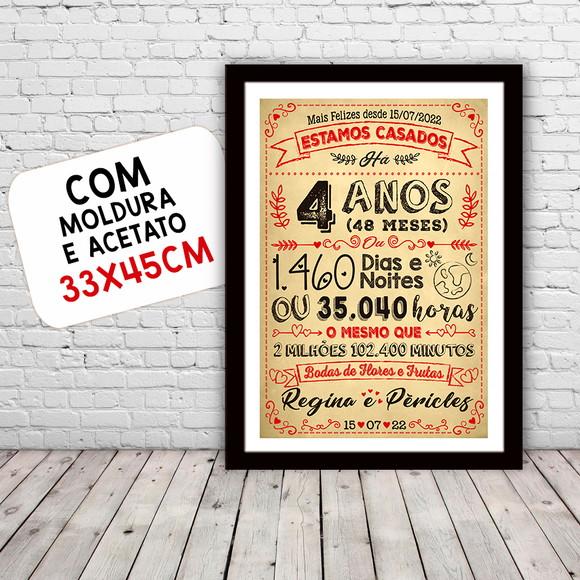 Quadro Poster Chalkboard Bodas 4 Anos Flores A3 30x42cm