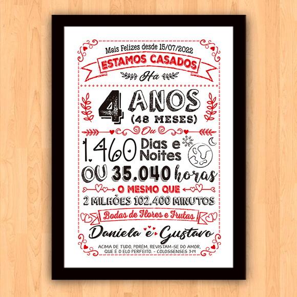 Quadro Poster Chalkboard Bodas 4 Anos Flores A3 30x42cm