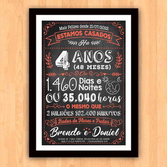 Quadro Poster Chalkboard Bodas 4 Anos Flores A3 30x42cm